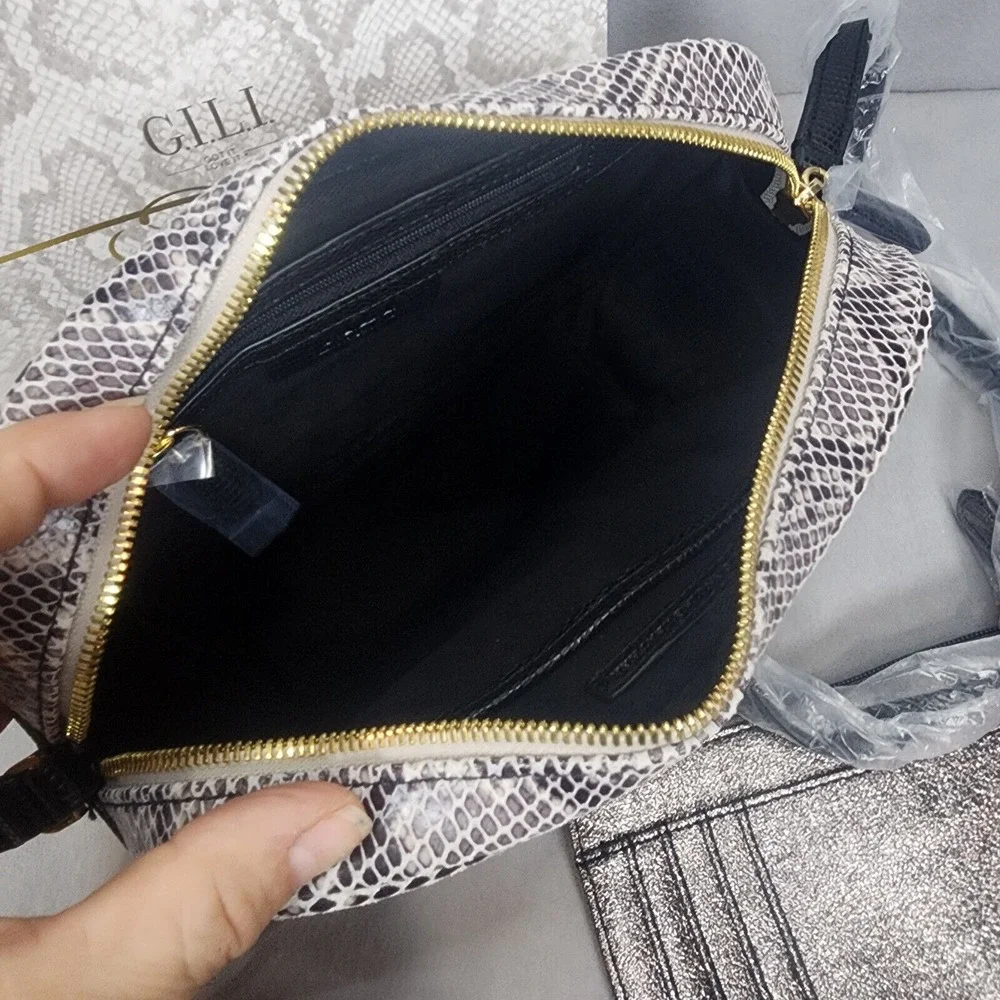 GILI Camera Bag Grey Snake Embossed Leather Crossbody Womens Small